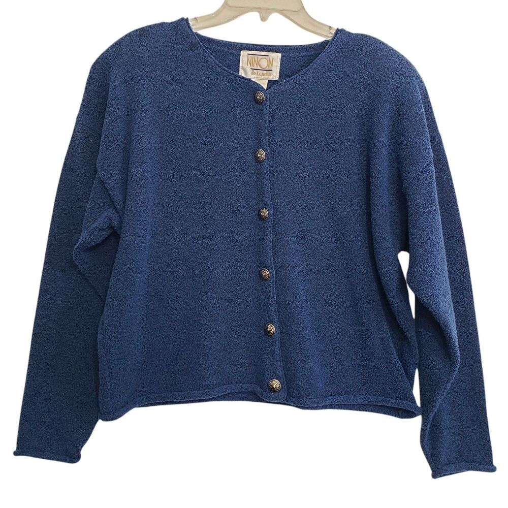 Ninon de leclos Women's Large Wool Blend Button Up Blue Cardigan